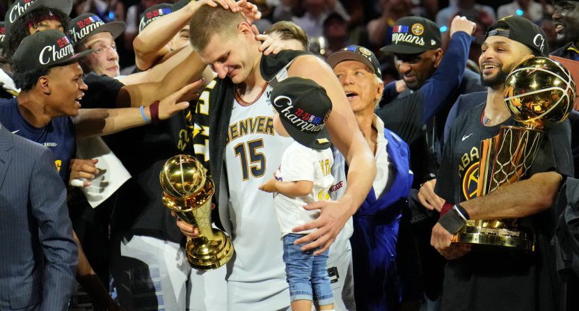 Denver Nuggets superstar Nikola Jokic celebrates winning the 2023 NBA championship.